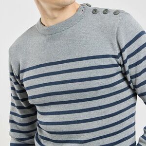 J.Crew 100% Merino Slim Fit Grey Striped Sweater w/ Suede Elbow Patches Size M